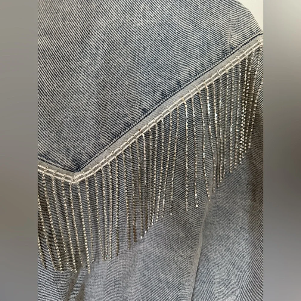 Windsor Rocker-Chic Rhinestone Fringe Denim Jacket, size L - Picture 12 of 14